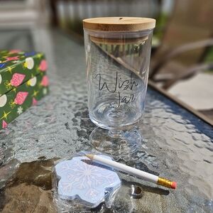 Page 6 Glass Wish Jar with Wooden Lid, Pencil, Wish Tags, NEW IN BOX